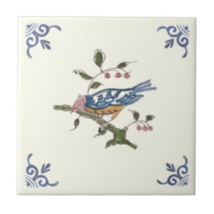 Charming Repro Delft Bird on Branch w/Berries Ceramic Tile