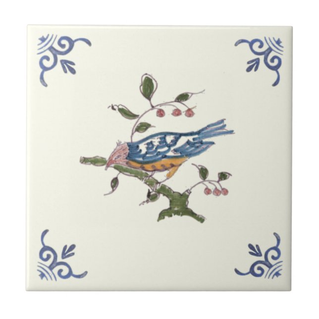 Charming Repro Delft Bird on Branch w/Berries Ceramic Tile (Front)