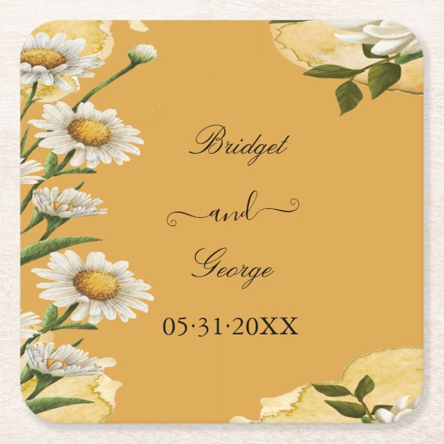 Charming Retro margaret Floral Wedding Square Paper Coaster (Front)