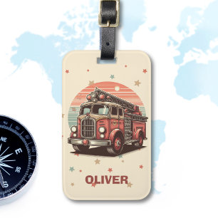 Charming Retro Vintage Fire Truck at Sunset Luggage Tag