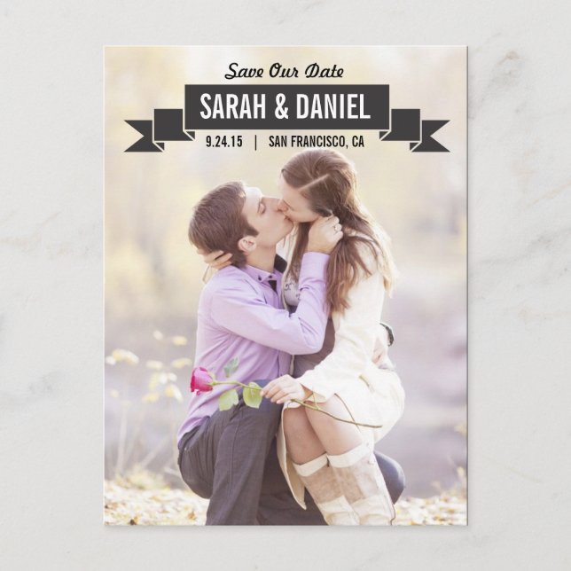 Charming Ribbon Save The Date - Black Announcement Postcard (Front)