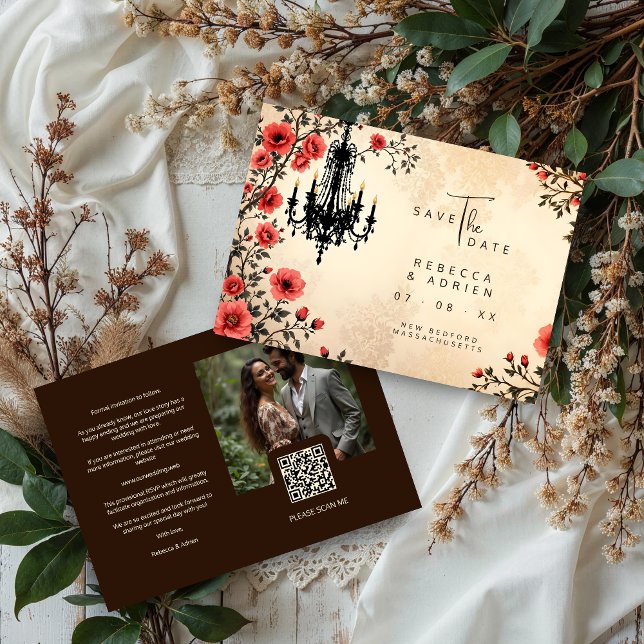 Charming Romantic Chandelier on Classic Red Floral Save The Date (Charming Romantic Chandelier on Classic Red Floral Border Wedding Save the Date Cards Back Photo QR)