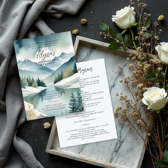 Charming Rustic Mountains Landscape Watercolor Invitation (Charming Rustic Mountains Landscape Watercolor effect Bachelorette Weekend Invitation Design.)
