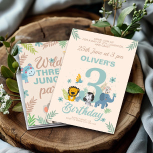 Charming Safari Blue Pastel Third Birthday Invitation