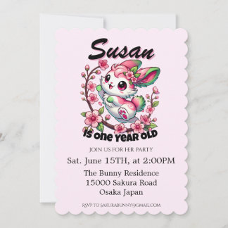 Charming Sakura Bunny Birthday Invitation