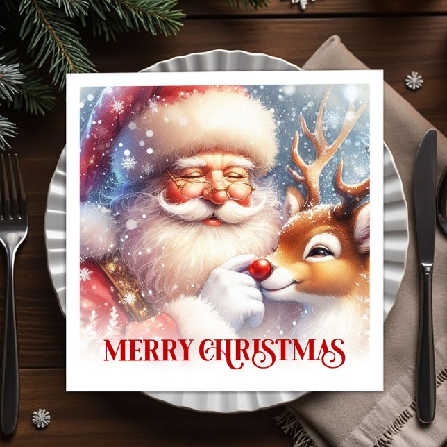 Charming Santa and Rudolph Christmas Party Dinner  Napkin (Charming Santa and Rudolph Christmas Party Dinner Napkins

)