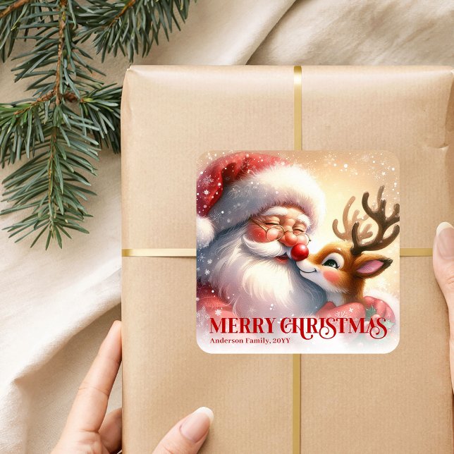 Charming Santa Rudolph Personalized Christmas Kids Square Sticker (Charming Santa Rudolph Personalized Christmas Kids Sticker)