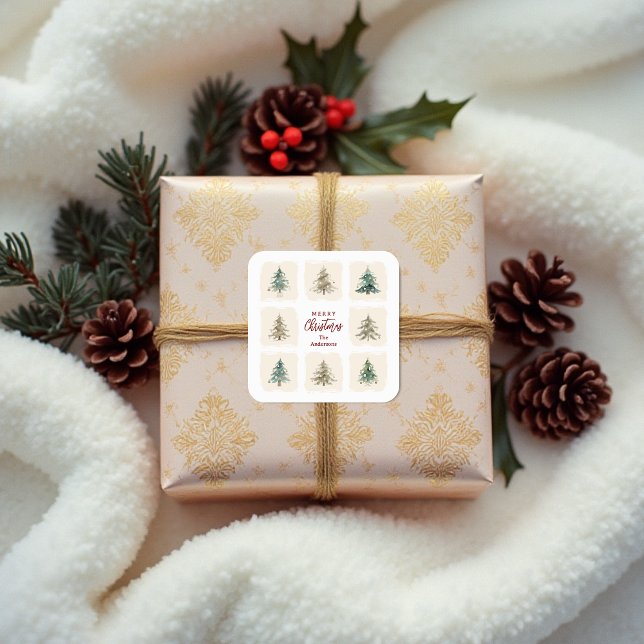 Charming Scandinavian Nordic Style Christmas Trees Square Sticker (Charming Scandinavian Nordic Style Christmas Trees Stickers.)