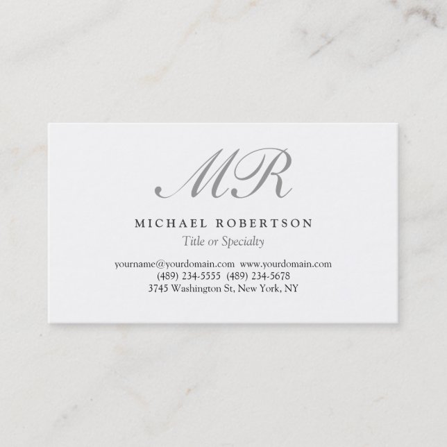 Charming Script Monogram White Black Business Card (Front)