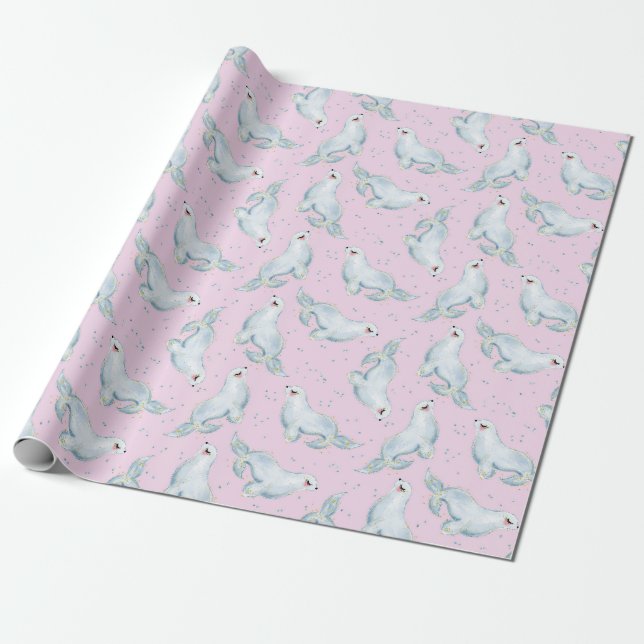 Charming Seal Ocean Animals in Pastel Pink Wrapping Paper (Unrolled)