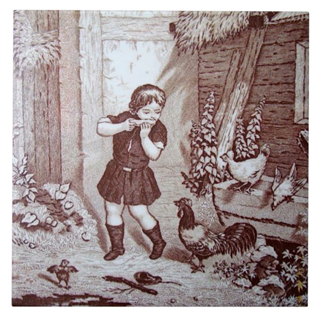 Charming Sepia Tile Farm Boy and Chickens (Front)