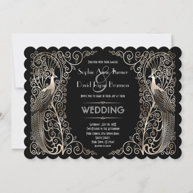 Charming Silver Art Deco Peacocks Wedding Invitation (Front)