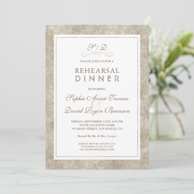 Charming Silver White Border Rehearsal Dinner Invitation (Standing Front)