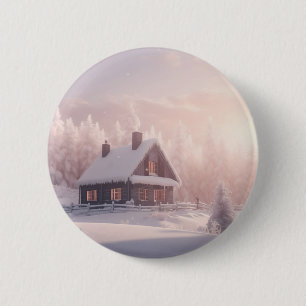 Charming Snow-Covered Wooden Cabin in a Forest 6 Cm Round Badge
