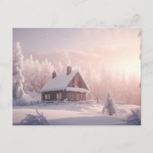 Charming Snow-Covered Wooden Cabin in a Forest Holiday Postcard (Front)