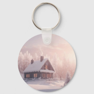Charming Snow-Covered Wooden Cabin in a Forest Key Ring