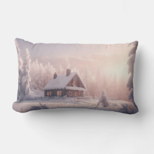 Charming Snow-Covered Wooden Cabin in a Forest Lumbar Cushion