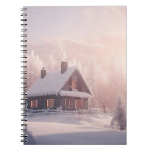 Charming Snow-Covered Wooden Cabin in a Forest Notebook