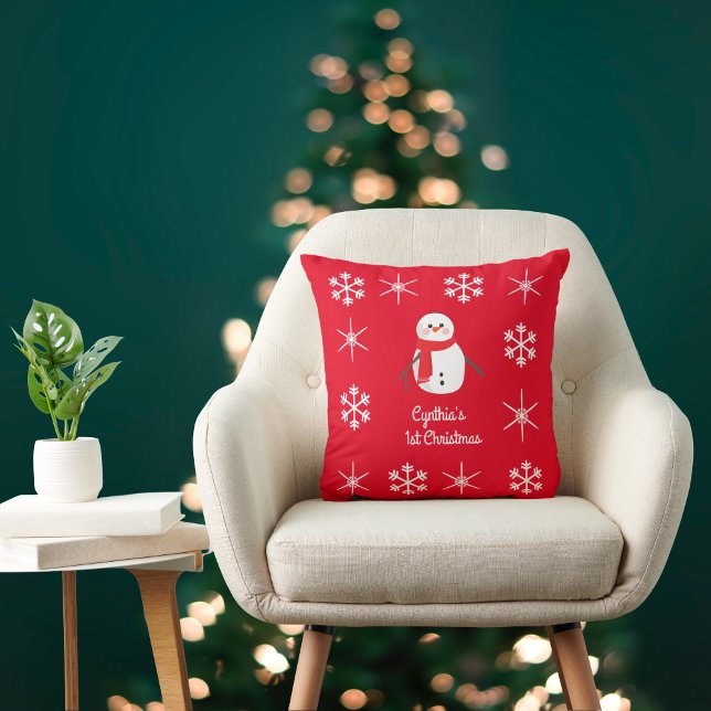 Charming Snowman Child's First Christmas on Red Cushion (Creator Uploaded)