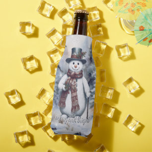 Charming Snowman Watercolor Winter Forest Bottle Cooler