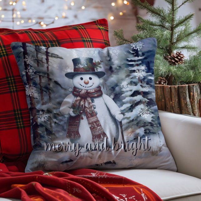 Charming Snowman Watercolor Winter Forest Cushion (Charming Snowman Watercolor Winter Forest Throw Pillow)