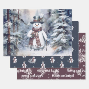 Charming Snowman Watercolor Winter Forest Wrapping Paper Sheet