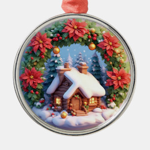 Charming Snowy Cabin Adorned With Holiday Wreath Metal Ornament