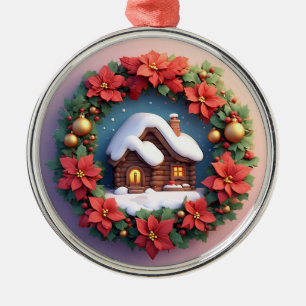 Charming Snowy Cabin Adorned With Holiday Wreath Metal Ornament