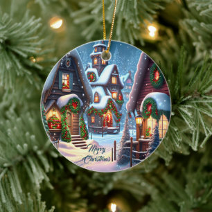 Charming snowy Christmas village Ceramic Ornament