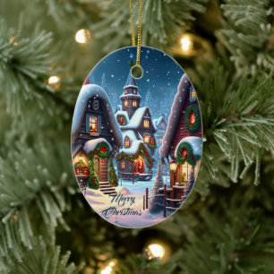 Charming snowy Christmas village custom Ceramic Ornament