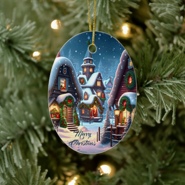 Charming snowy Christmas village custom  Ceramic Ornament (Tree)