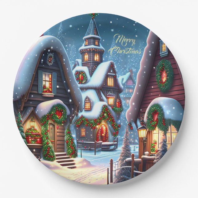 Charming snowy Christmas village custom Paper Plate (Front)
