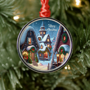 Charming snowy Christmas village Metal Ornament