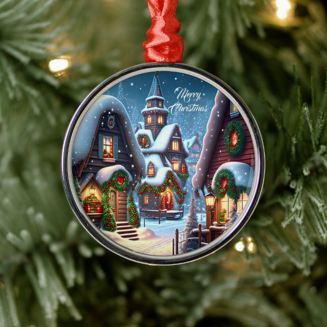 Charming snowy Christmas village  Metal Ornament (Tree)
