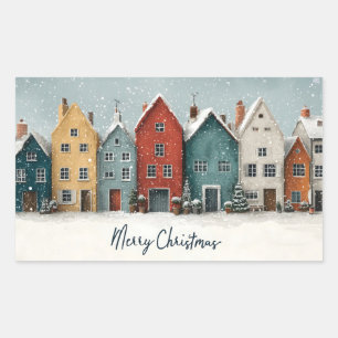 Charming Snowy Village "Merry Christmas" Rectangular Sticker