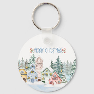 Charming Snowy Village Watercolor Christmas  Key Ring