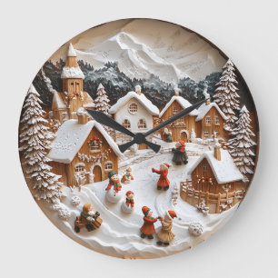 Charming snowy village with fun play large clock
