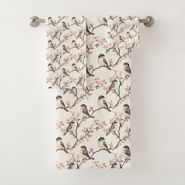 Charming Sparrows and Blossoms Bath Towel Set (Insitu)