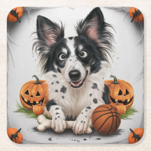 Charming Spotted Dog: Halloween Whimsy with Basket Square Paper Coaster