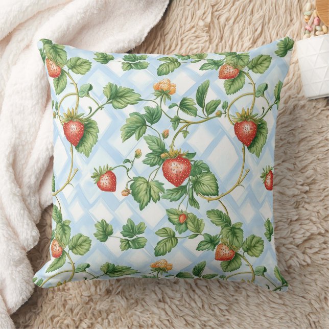 Charming Strawberry & Leaf Pattern – Vintage Cushion (Blanket)