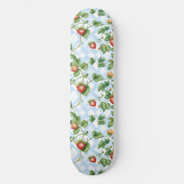 Charming Strawberry & Leaf Pattern – Vintage Skateboard (Front)