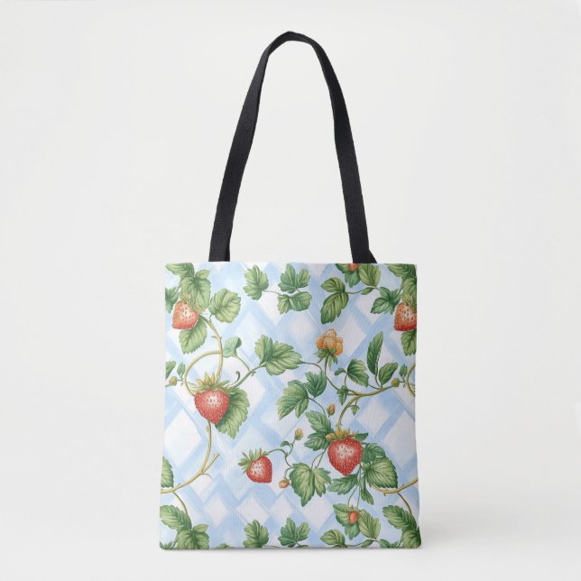 Charming Strawberry & Leaf Pattern – Vintage Tote Bag (Front)