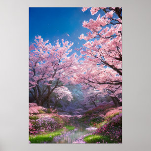 Charming Stream and Cherry Blossom Poster