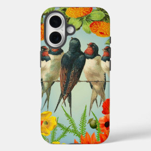 Charming Swallows and Floral iPhone Case" 16 Case