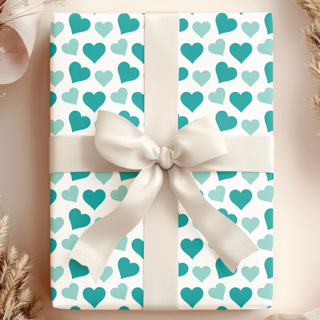 Charming Teal Hearts on White Wrapping Paper (Creator Uploaded)