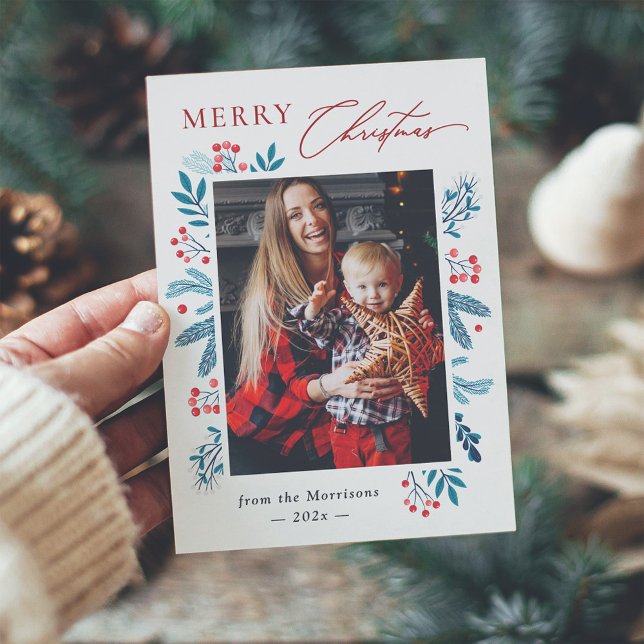 Charming Teal Winter Foliage Photo Christmas Holiday Card (Creator Uploaded)