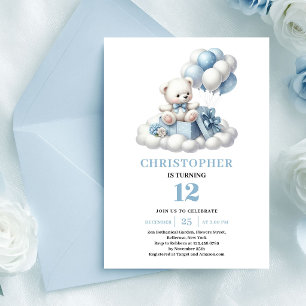 Charming teddy bear blue balloons boy birthday invitation
