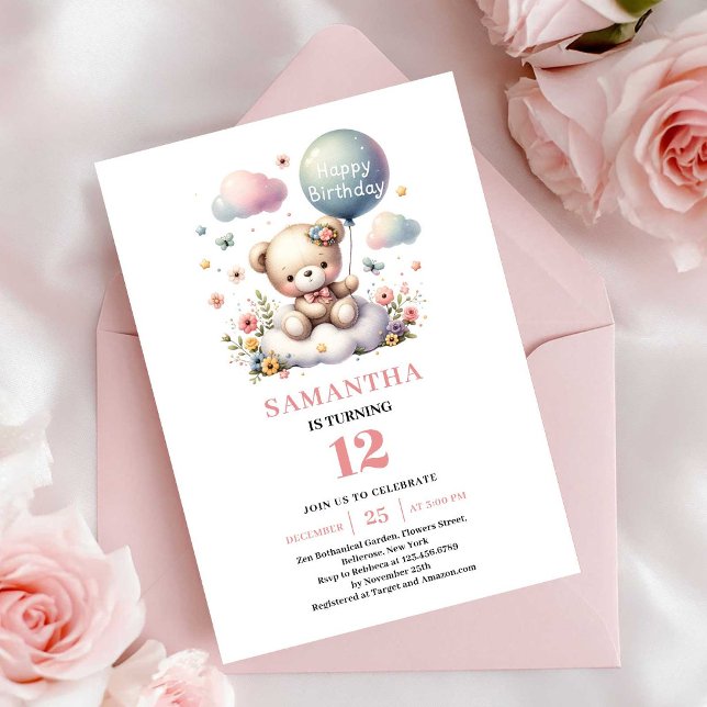 Charming teddy bear floral balloon birthday invite (Charming teddy bear floral balloon birthday invitation

)