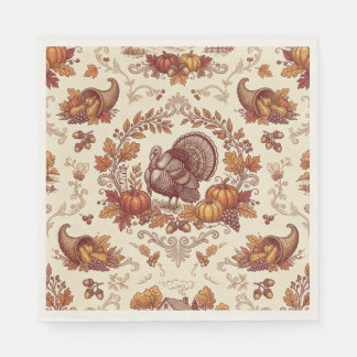 Charming Thanksgiving Turkey Toile Design Paper Napkin