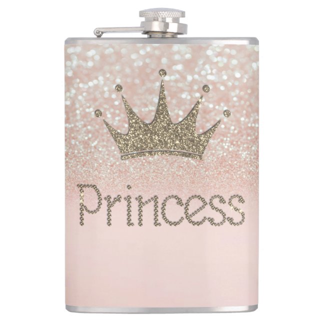 Charming,Tiara, Princess, Glitter Bokeh Hip Flask (Front)